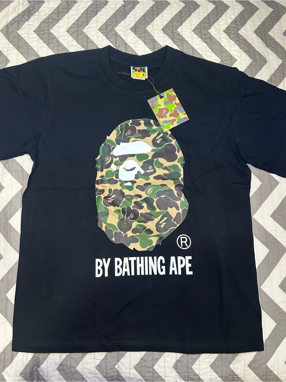 Bape Black Tee with Green Camo Ape Head